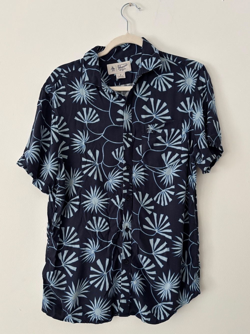 Original Penguin Mens M Navy Palm Print Hawaiian Short Sleeve Button Up Shirt